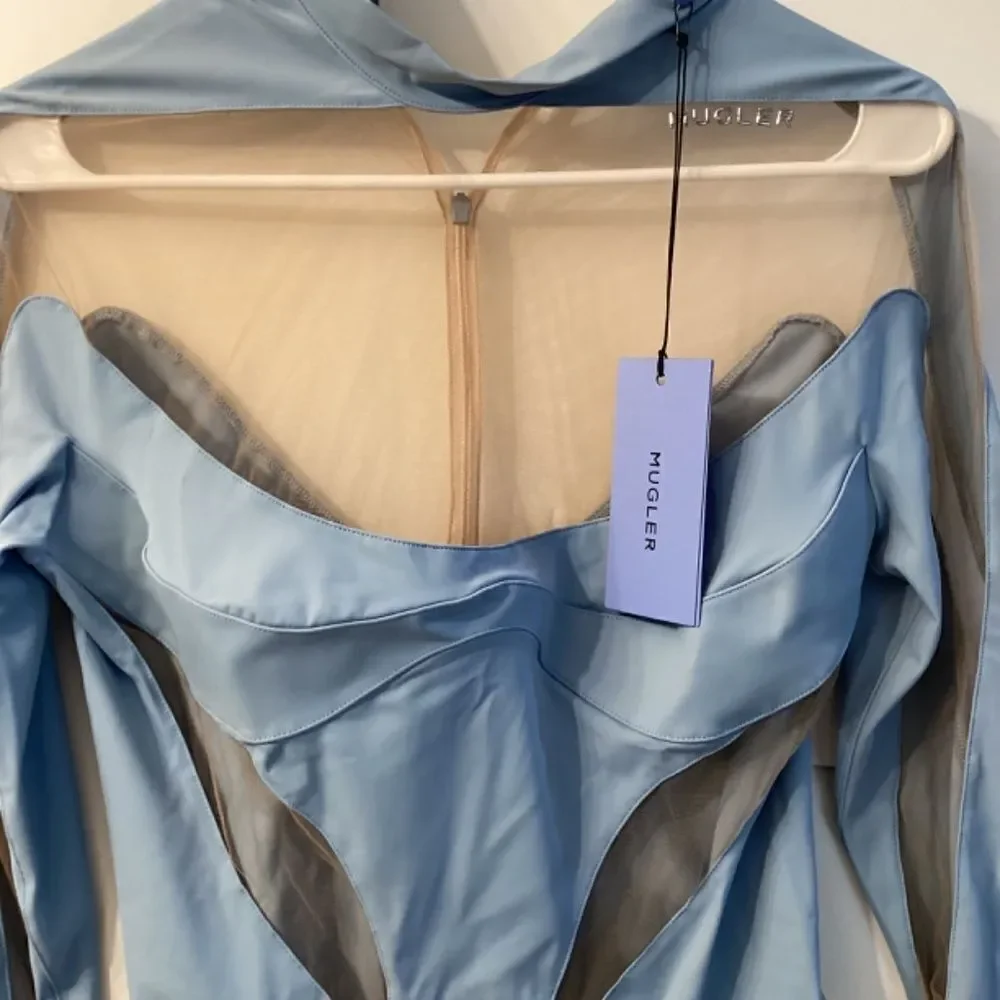 Mugler Illusion Cutout Bodysuit –‎ Light Blue Mesh, Size 8 | NWT